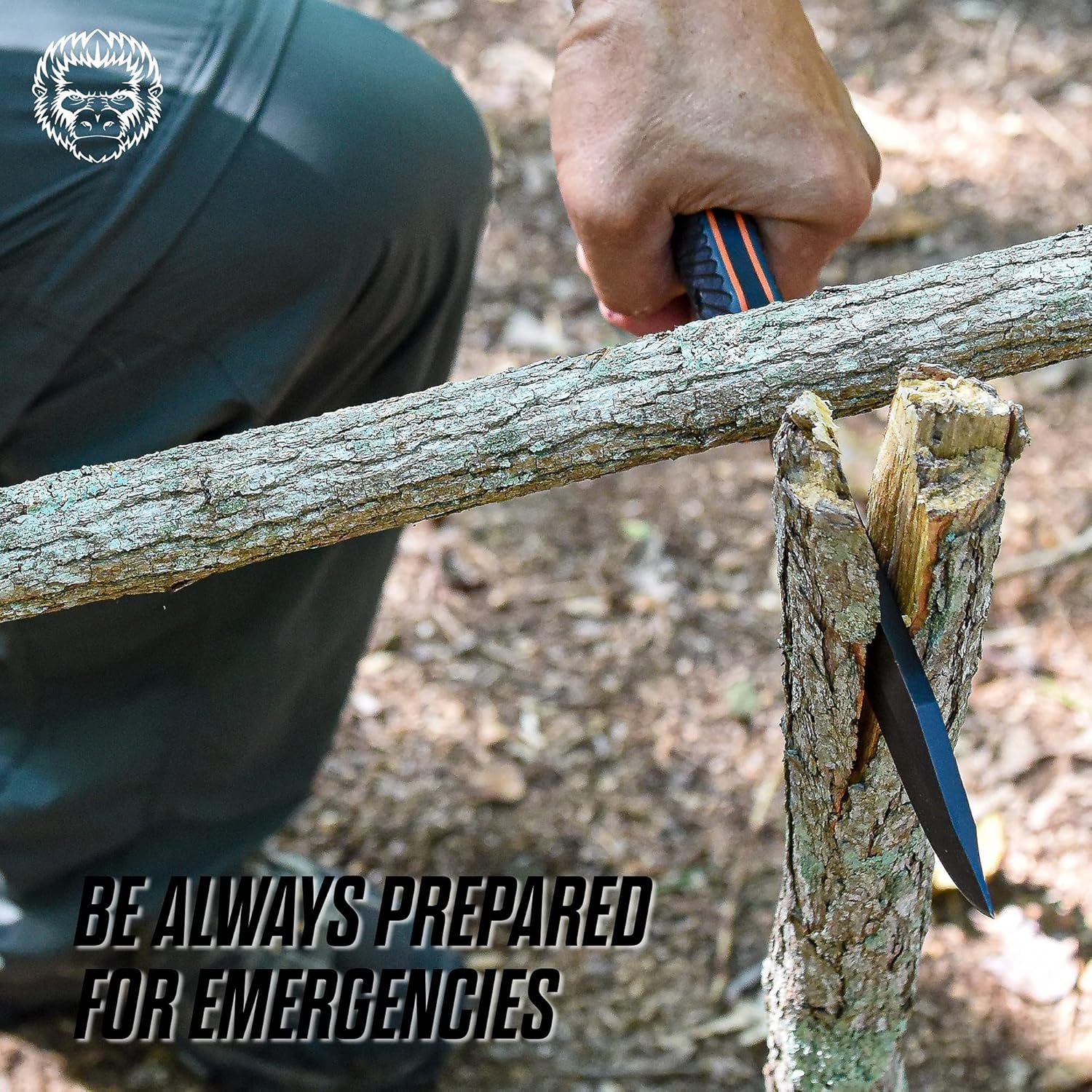 Holtzman's Gorilla Survival Lavaline Fixed Blade Hunting Knife with Sheath, Fire Starter, G10 Scraper & Paracord (Black+Orange) - Durable 1095 High Carbon Steel