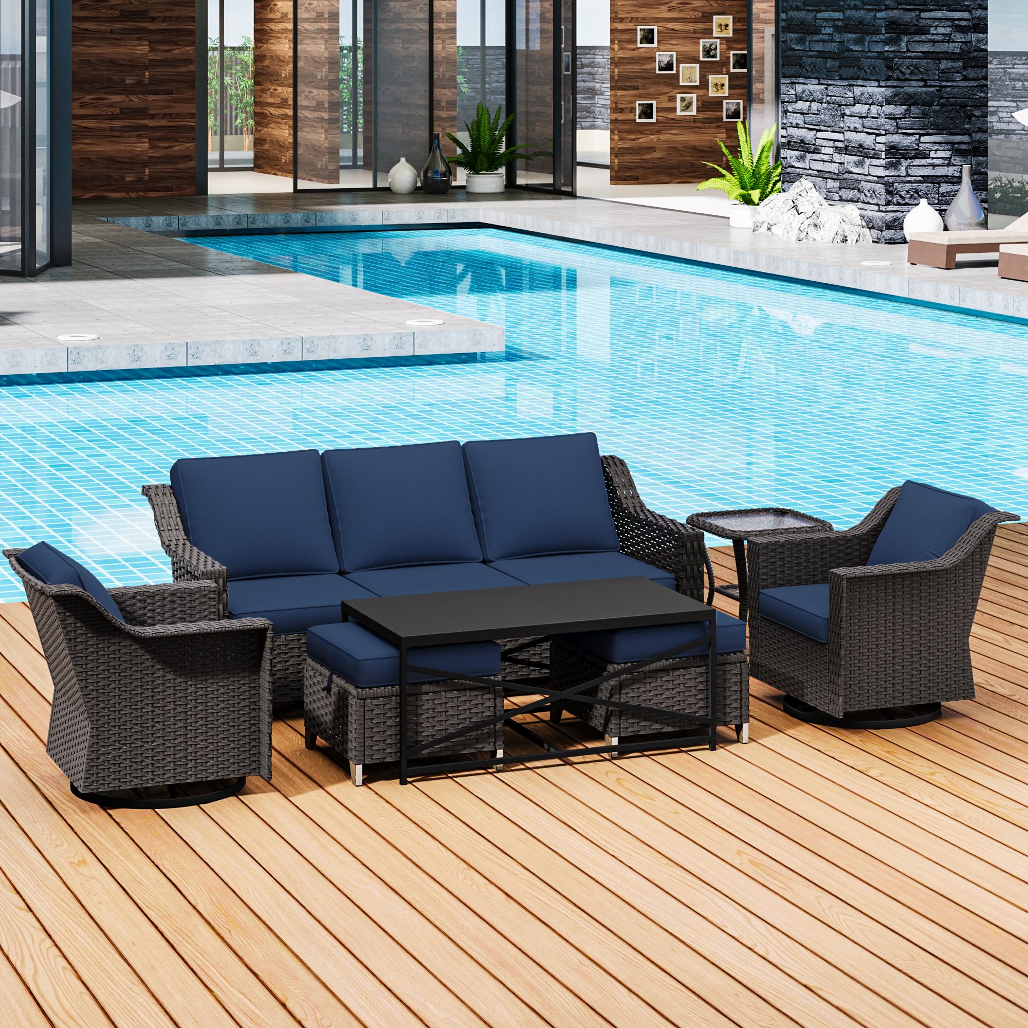 7 Pieces Outdoor Conversation Furniture Set - 77" Patio Sofa, 2 Swivel Rocker Chairs, 2 Ottomans, 1 Side Table, 1 Metal Table, Wicker Couch with Washable Cushions for Balcony (Navy Blue)