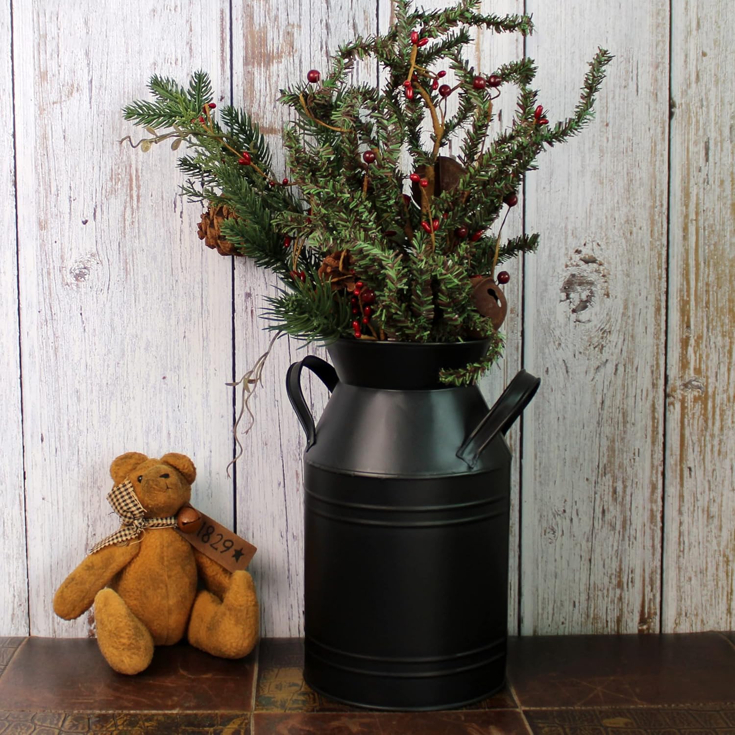 CVHOMEDECO. Farmhouse Galvanized Metal Milk Can, Old Rustic Primitives Jug Vase for Home and Garden Décor. Black