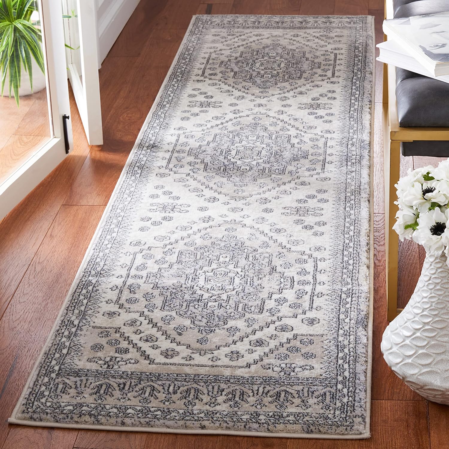 SAFAVIEH Carnegie Collection Runner Rug - 2'3" x 8', Ivory & Grey, Oriental Medallion Design, Non-Shedding & Easy Care, Ideal for High Traffic Areas in Living Room, Bedroom (CNG662F)