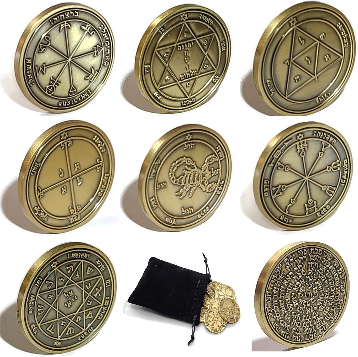 7 Pentacles of Mars Coin Set – King Solomon Seals with 72 Names of God – Complete Kabbalah Talisman Collection for Strength, Courage and Protection – Brass Medallions