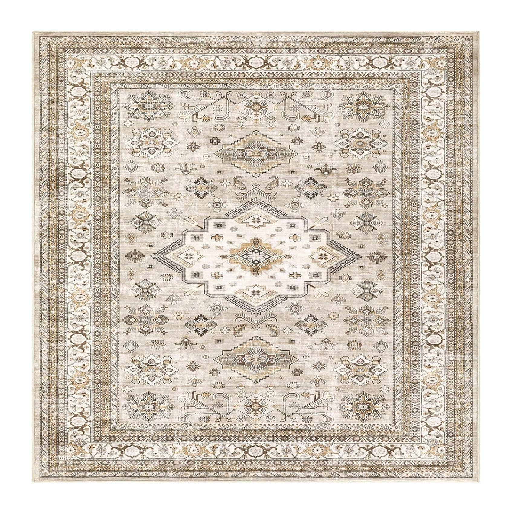 Tapis de décoration beige vintage carré 120x120 cm pour réchauffer un salon froid
