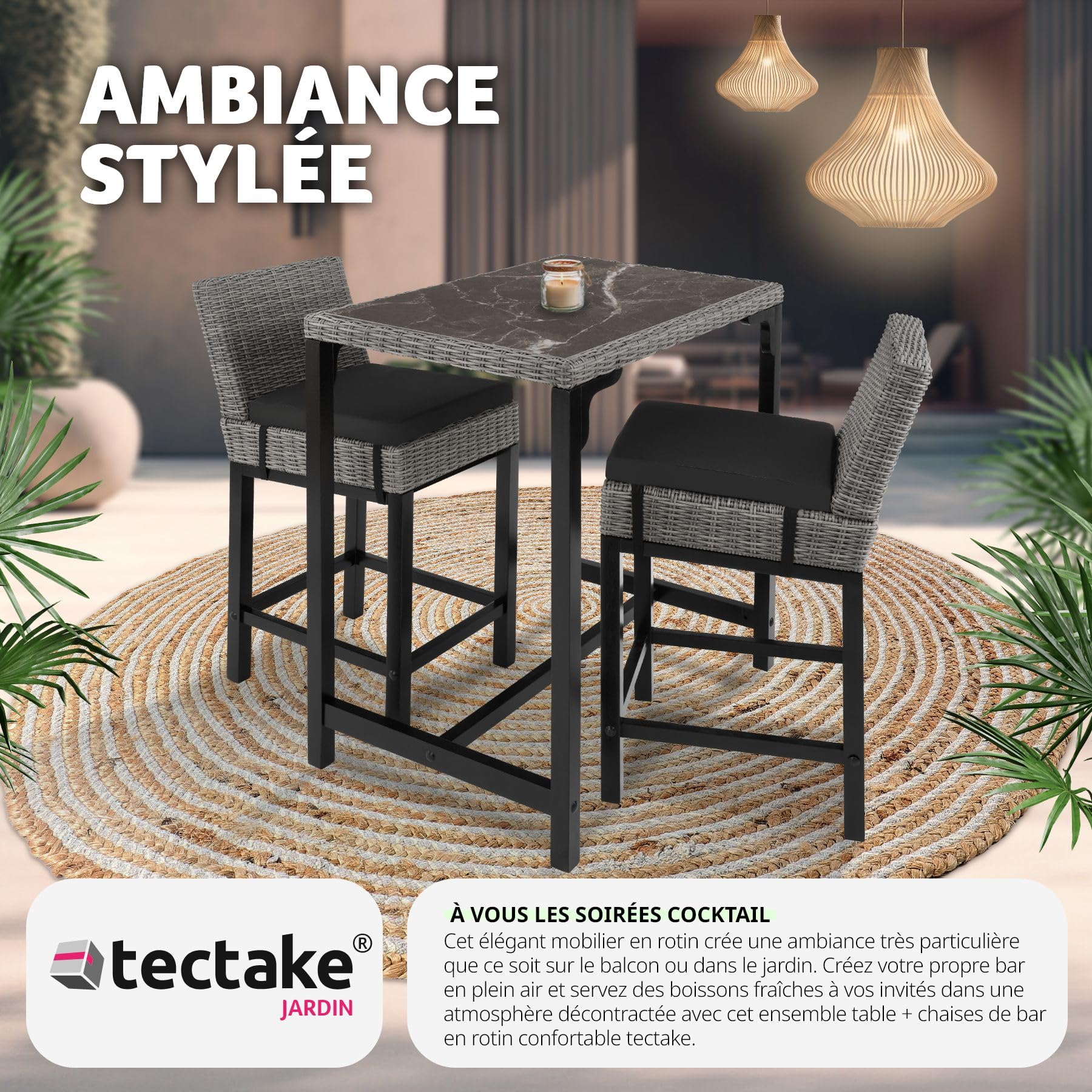 tectake® Ensemble de Bar Extérieur en Poly Rotin 2 Places - Table et 2 Chaises de Jardin avec Coussins Inclus - Mobilier pour Aménagement Balcon