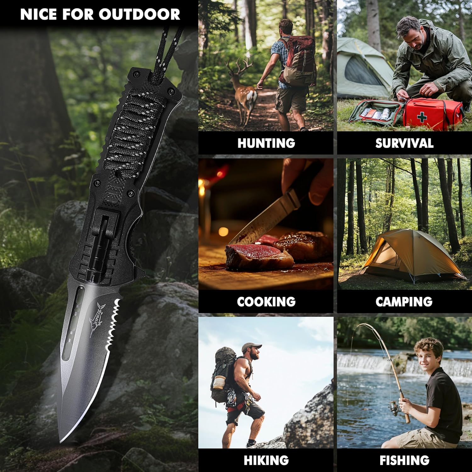 Father’s Day Birthday Gift for Men & Him: XIPHIAS Survival Folding Knife - Stainless Steel Multitool with LED Light, Fire Starter, Whistle & Paracord, Pocket Clip & Nylon Pouch for Camping, Hiking, Outdoor EDC - XK039BC-Black