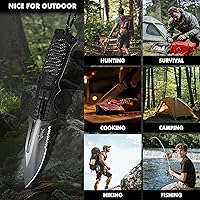 Vista 8 de XIPHIAS Cuchillo plegable de supervivencia - Multiherramienta de acero inoxidable con luz LED, iniciador de fuego, silbato y paracord, clip