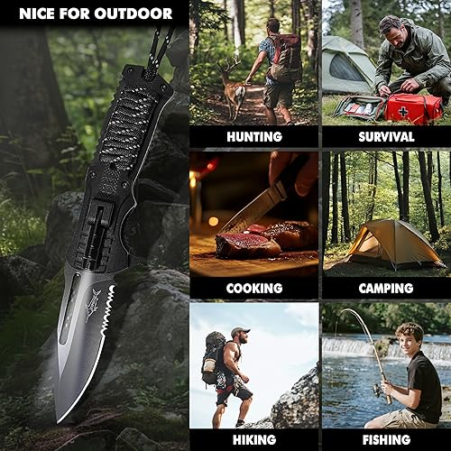 Miniatura 8 de XIPHIAS Cuchillo plegable de supervivencia, multiherramienta de acero inoxidable con luz LED, iniciador de fuego, silbato y paracord, clip de