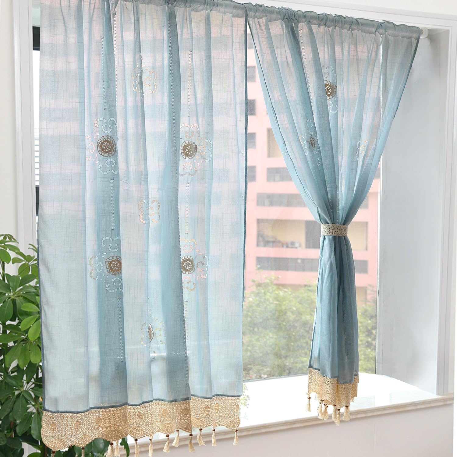 FADFAY Pastoral 57-Inch-by-69-Inch Adjustable Balloon Manual Hook Flower Shade Curtain, Light Blue, 1 Panel
