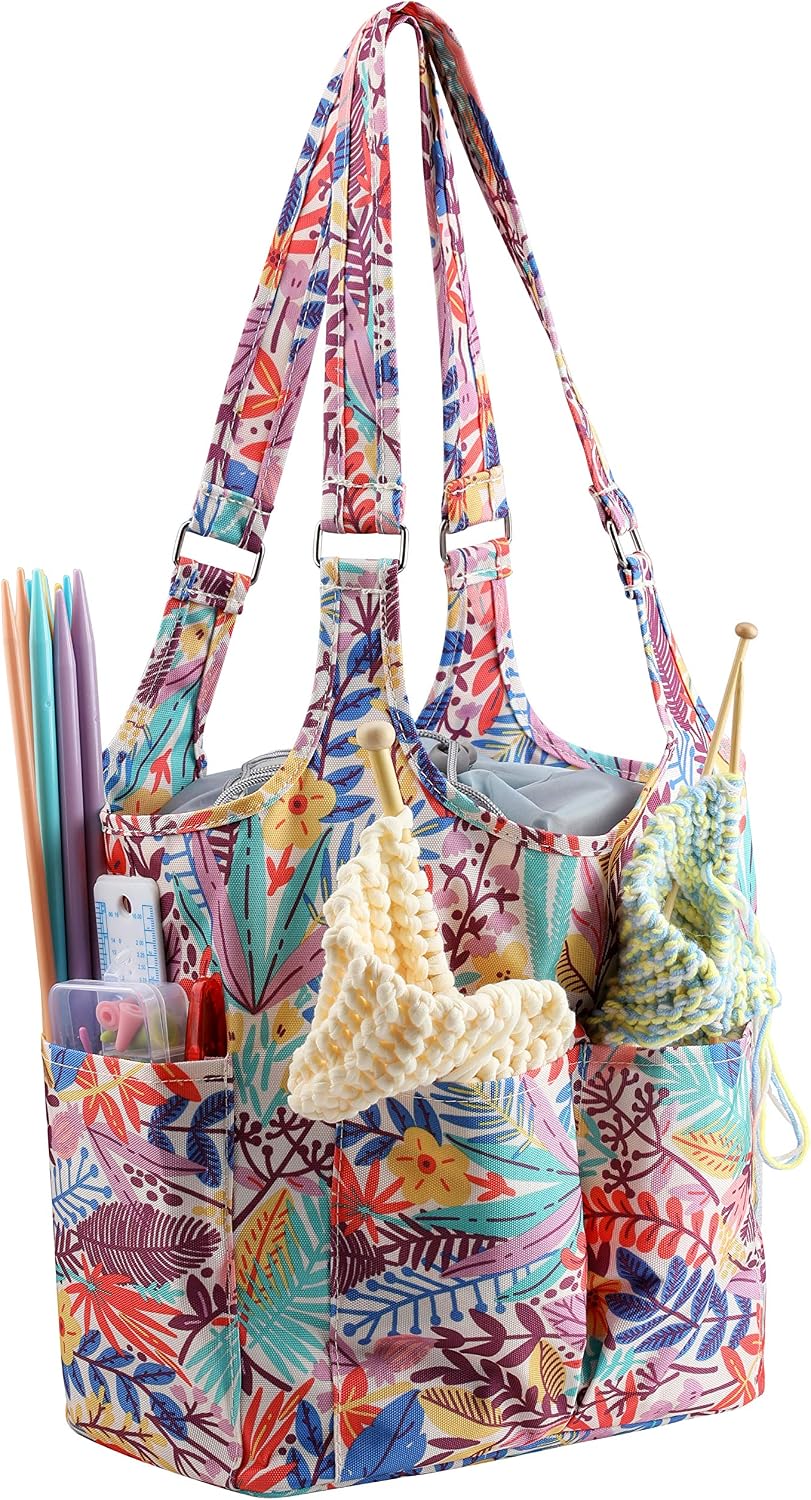 KOKNIT Waterproof Craft Bag, Portable Durable Shoulder Tote Travel & Yarn Bag with Drawstring Closure, Premium Organizer Bag for Yarn and Crafts