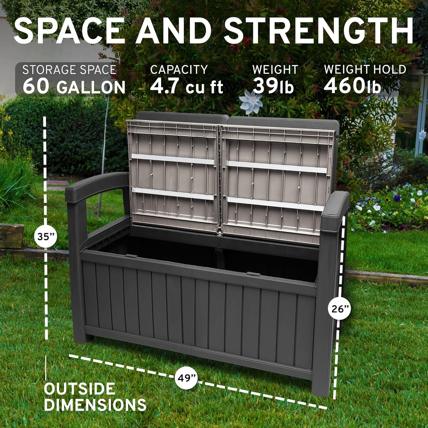EconoHome 2 Seat Outdoor Storage Bench with Rain Cover - 60 Gallon Capacity - Weatherproof Resin Bench for Patio, Porch, Garden, Yard, Pool Area - Furniture for Pool Accessories, Gardening Tools