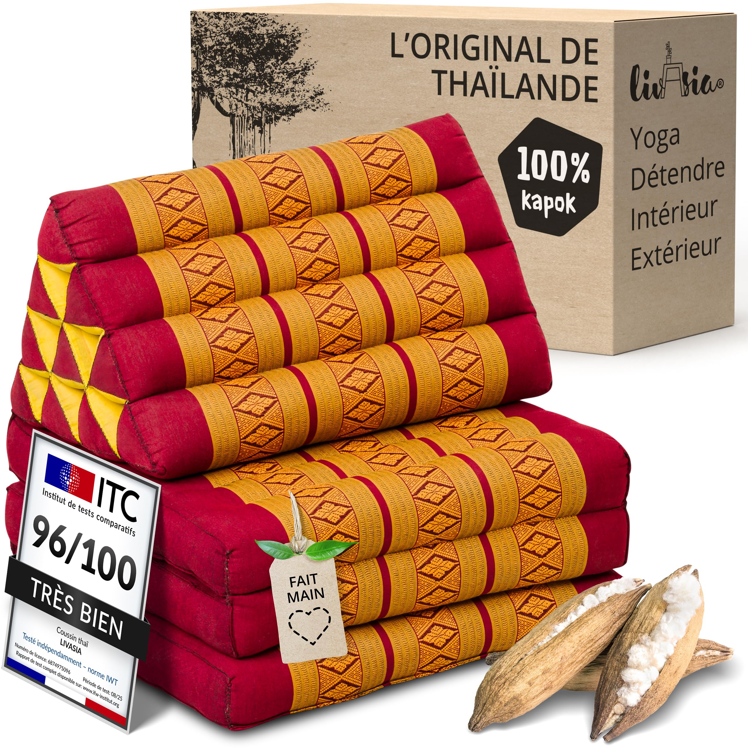 Livasia Coussin thaï à 3 Blocs - 175x50x8cm - Triangle avec Matelas Pliable, Biseau kapok, Coussin de Soutien Dorsal Pliables, Tapis thaï Pliable, Fait Main (Rouge/Jaune)