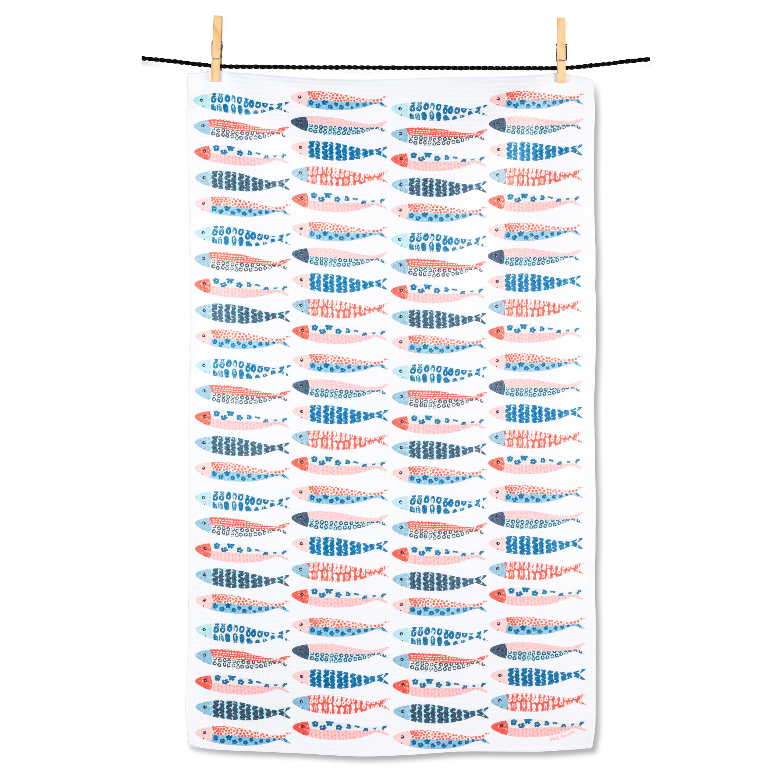 Abbott Collection Home Blue/Red Rows Of Fish Tea Towel
