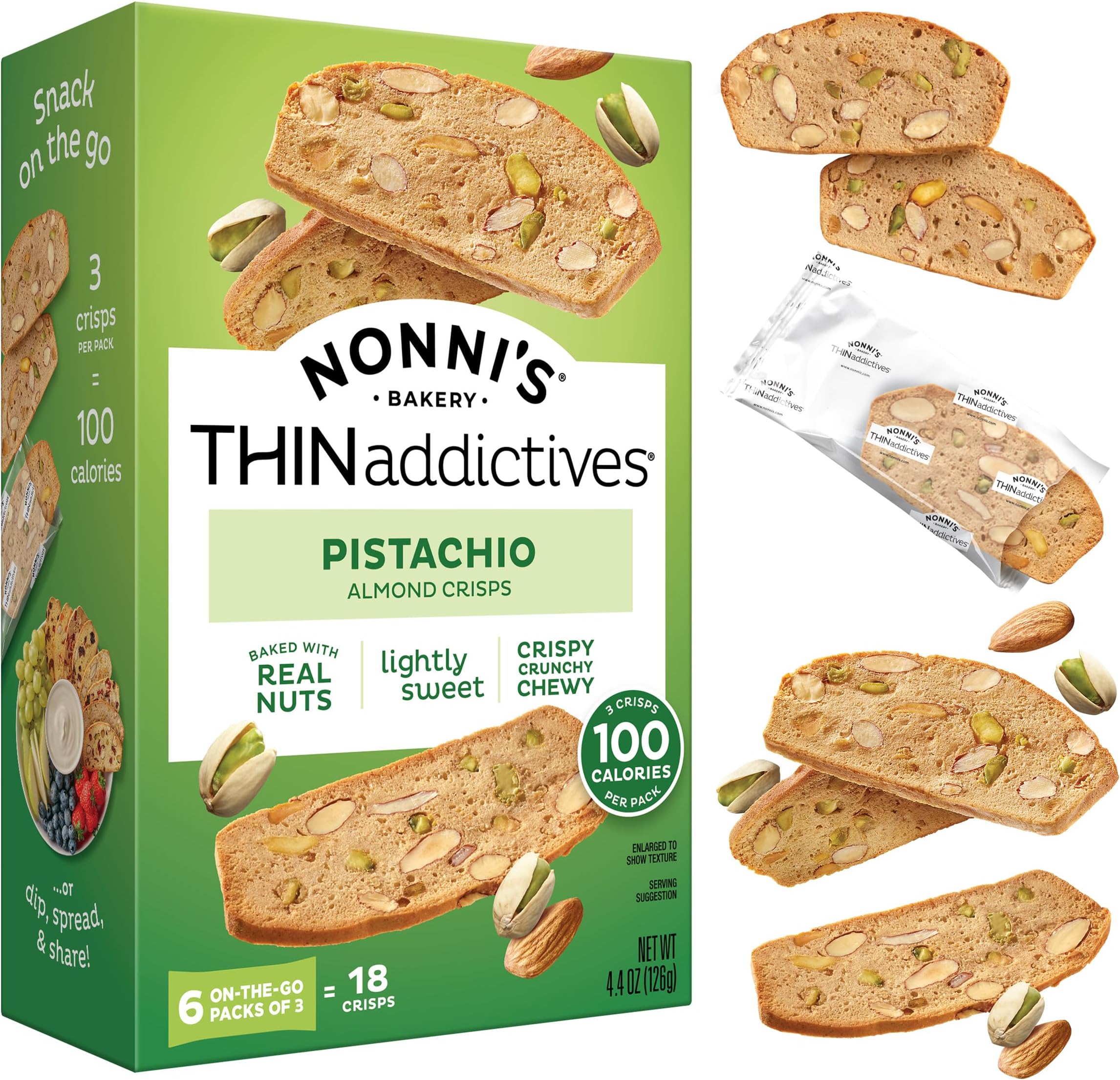 Nonni's Pistachio Almond Thins (18 cookie - 6 packs of 3)