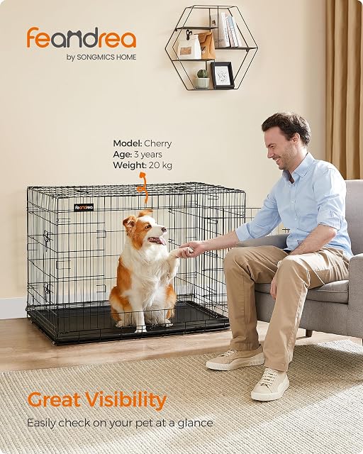 Foto 2 de 8 de Feandrea Jaula para Perros Plegable con 2 Puertas, Separador, Bandeja Extraíble, 107 x 70 x 77,5 cm, XL