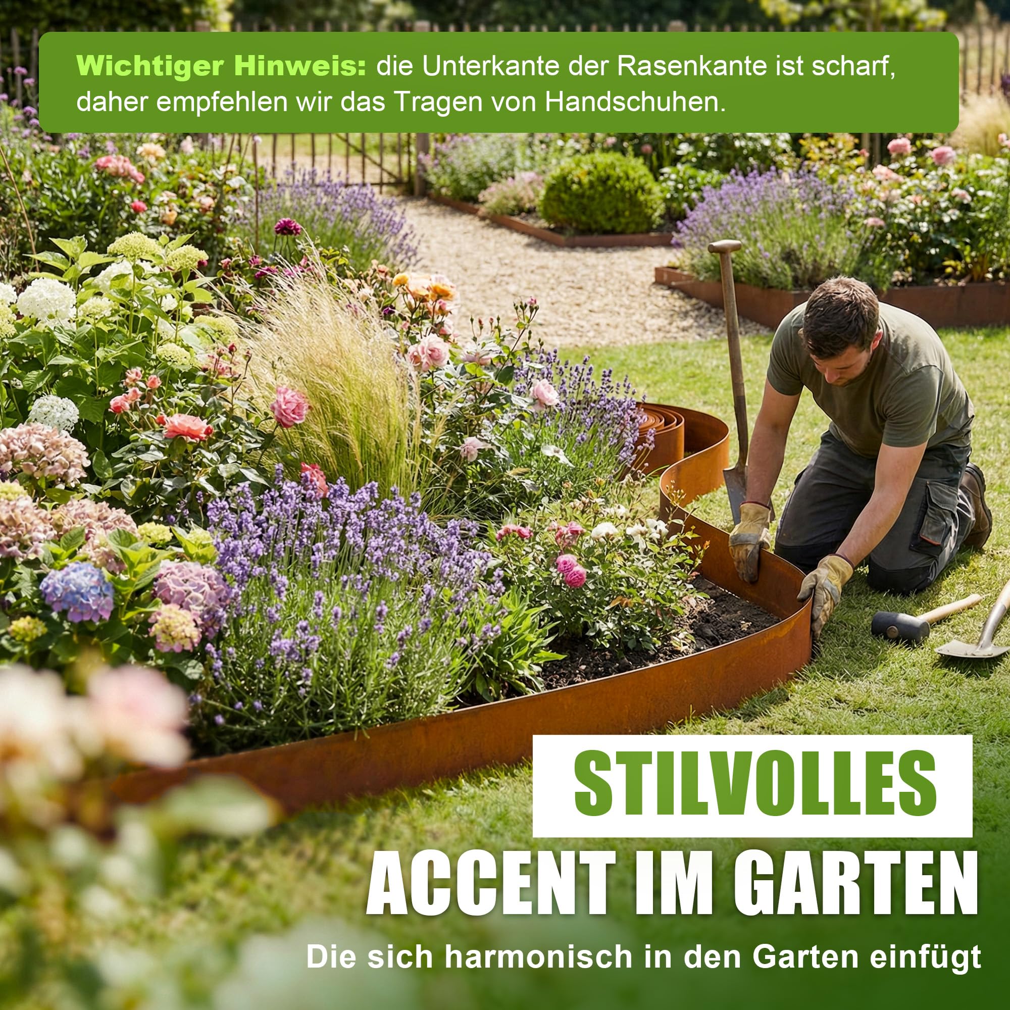 Enhon Borde de césped de Acero Corten, 10 m, Borde de Metal para parterres, 15,5 cm de Alto, Flexible y cortable; para diseño de Jardines, Bordes de césped, parterres, Caminos de Grava