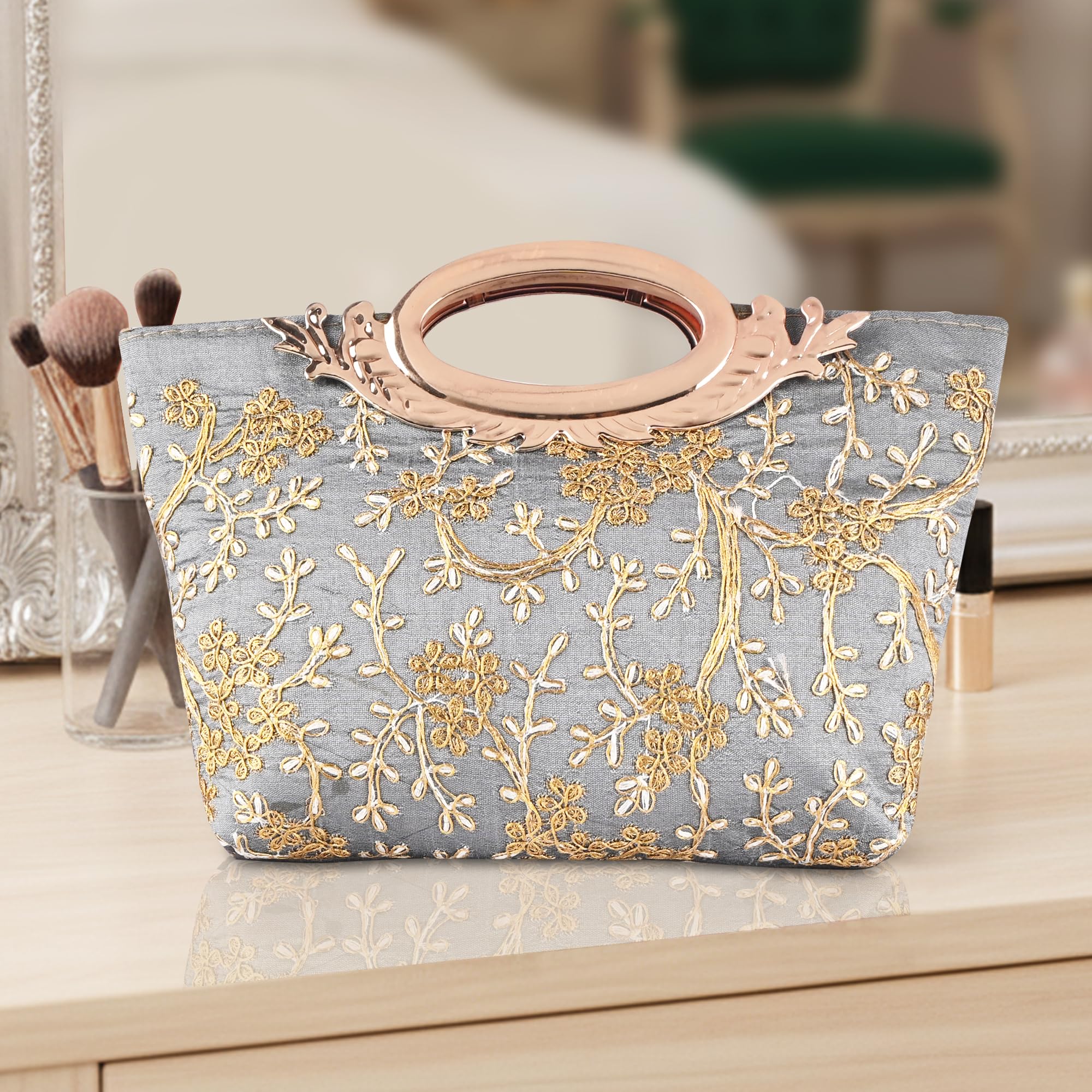 Kuber Industries Polyester Hand Bag for Woman with Zip Closure | Ladies Purse | Lightweight Party and Wedding Clutch Purse for Women | Kada Design - Grey-picture-34