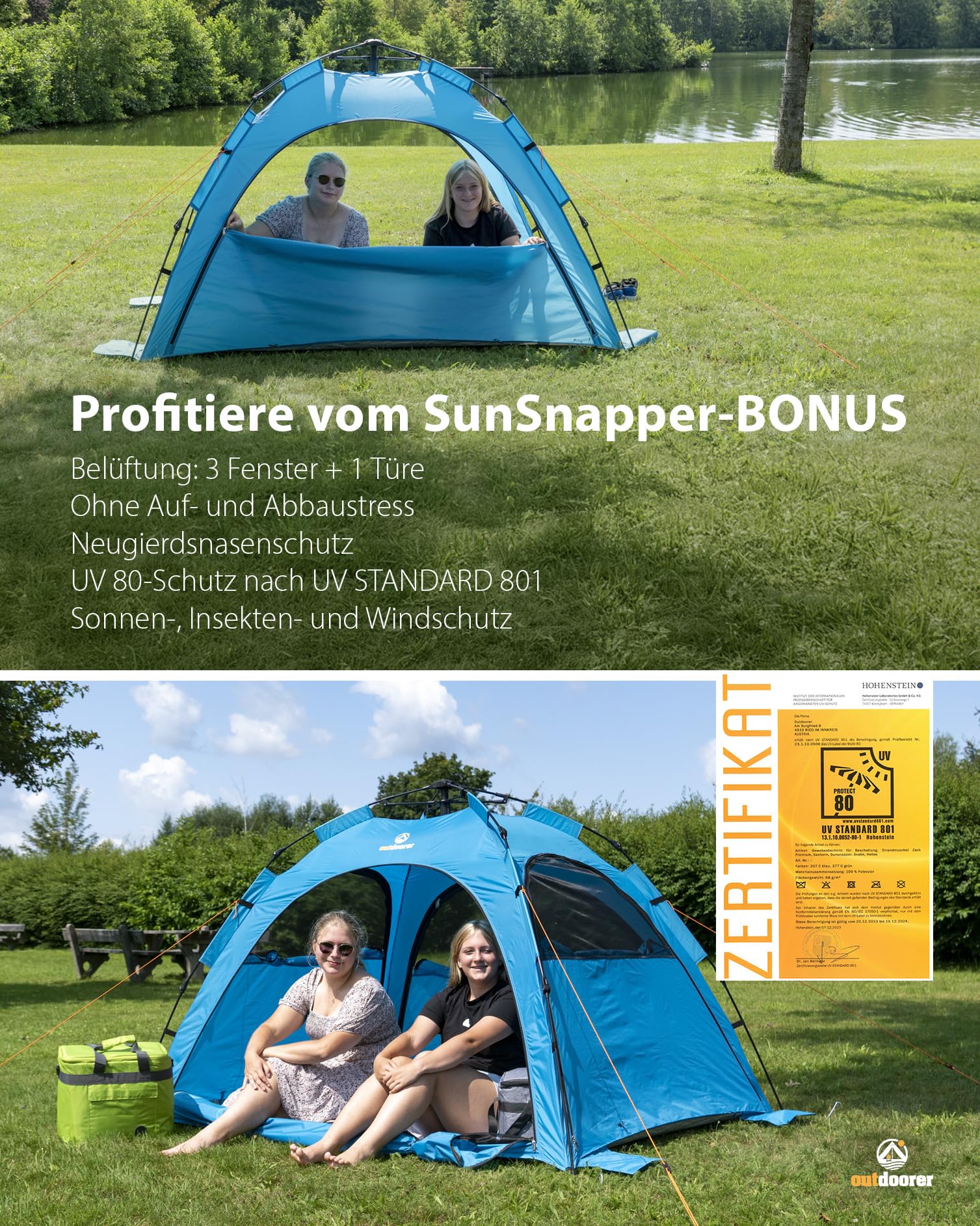 Outdoorer Sun Snapper Air UV 80 Quick-up-Strandmuschel mit 4 Türen und 3 Fenstern, Automatik-Strandzelt mit UV-Schutz 80