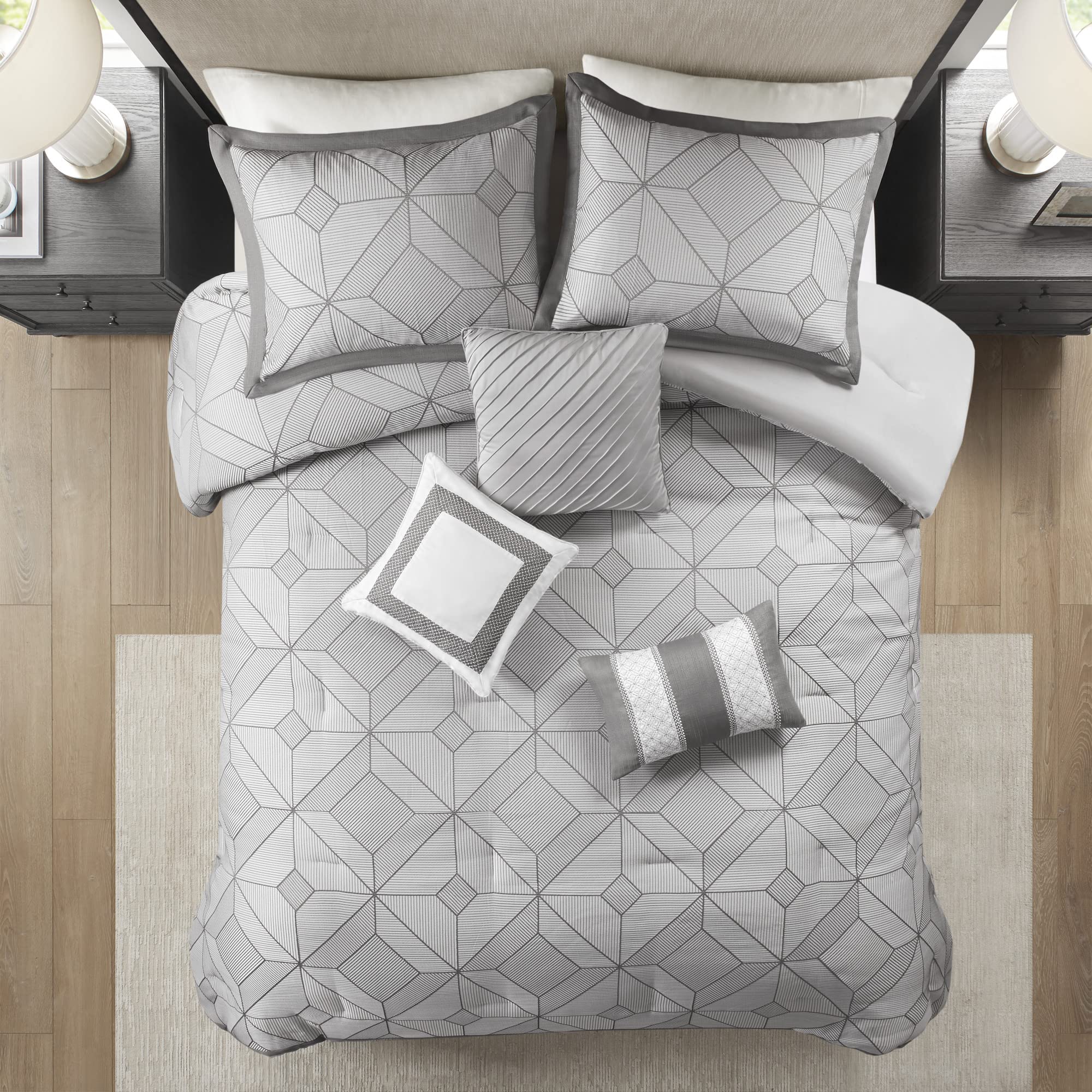 Madison Park Cannon Luxurious Comforter Set, Jacquard Weave Geometric Design, Soft Microfiber Reverse, All Season Bedding with Matching Bedskirt, Toss Pillows, King(104"x92"), Grey 7 Piece