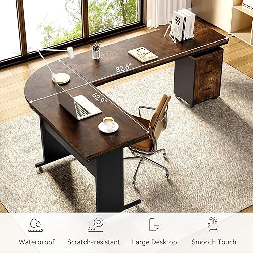 Miniatura 31 de LITTLE TREE Escritorio ejecutivo grande de 82.67 pulgadas de largo en forma de L para computadora con archivador móvil de 3 cajones, mueble