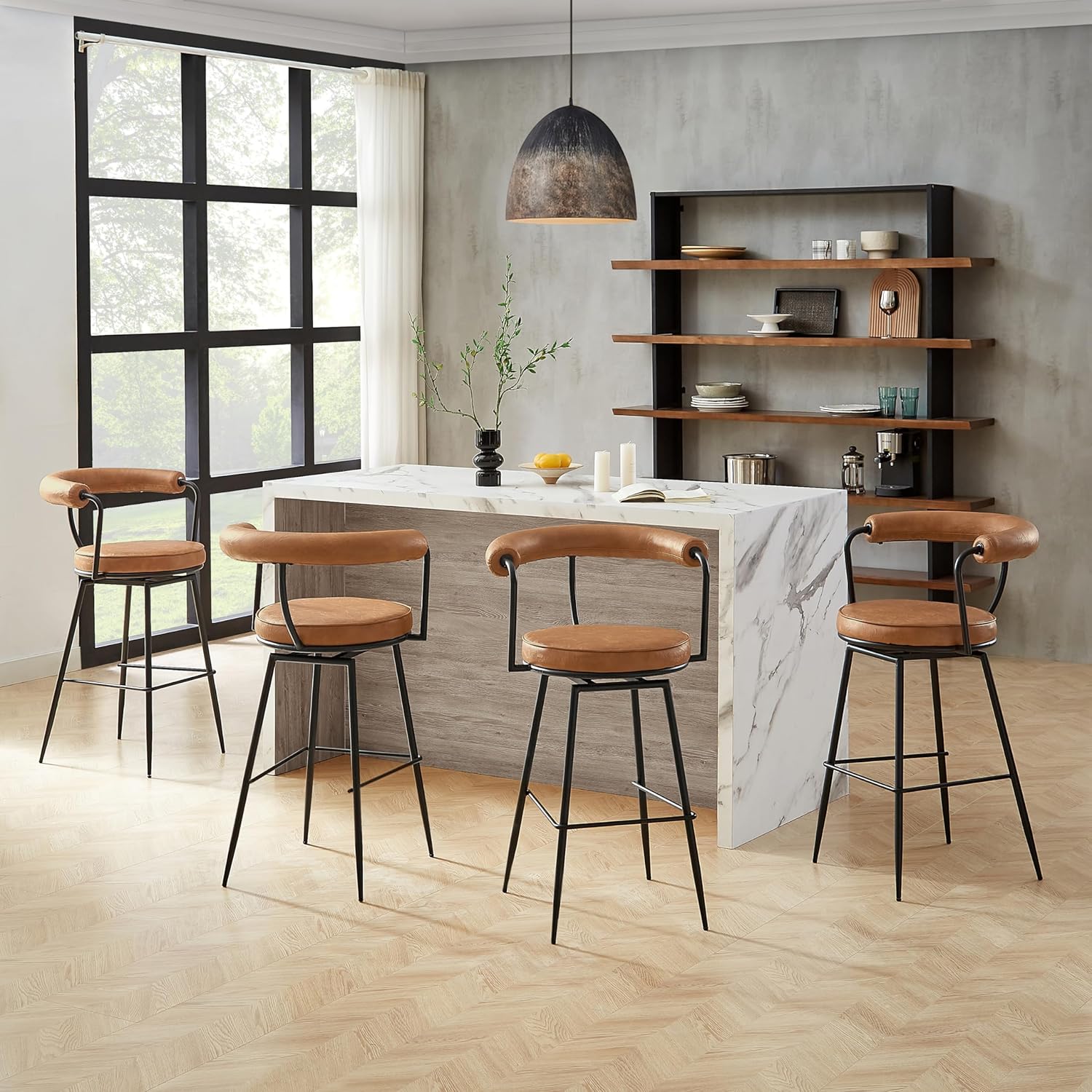 Art Leon Swivel Bar Stool, Modern Faux Leather Counter Height Bar Stool, 30" Counter Stool with Back for Kitchen Island, Khaki