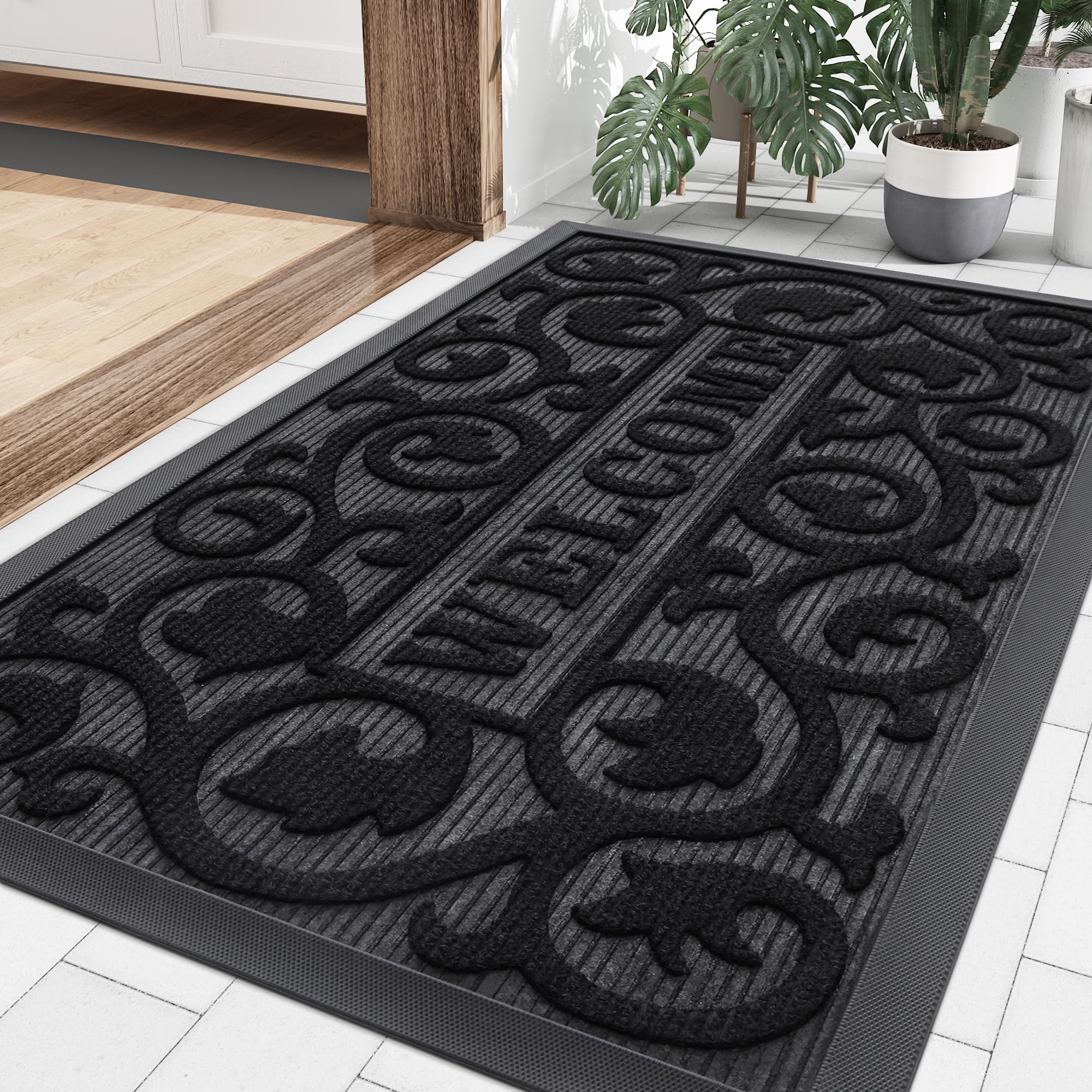 Smiry Welcome Door Mat Outside Entrance, Heavy Duty Trap Dirt and Moisture Easy Clean Low Profile Patio Porch Indoor Outdoor Front Doormat for Entry,