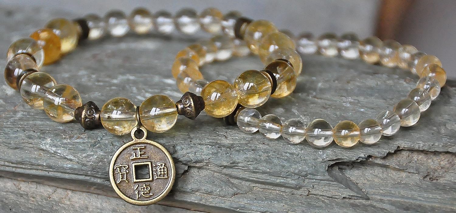 Set of two Wealth, Abundance Citrine Gemstone Bracelet,Lucky Coin Mala,Money Bracelet,Buddha Bracelet,OM Bracelet,Energy Bracelet,Sacral Chakra Healing