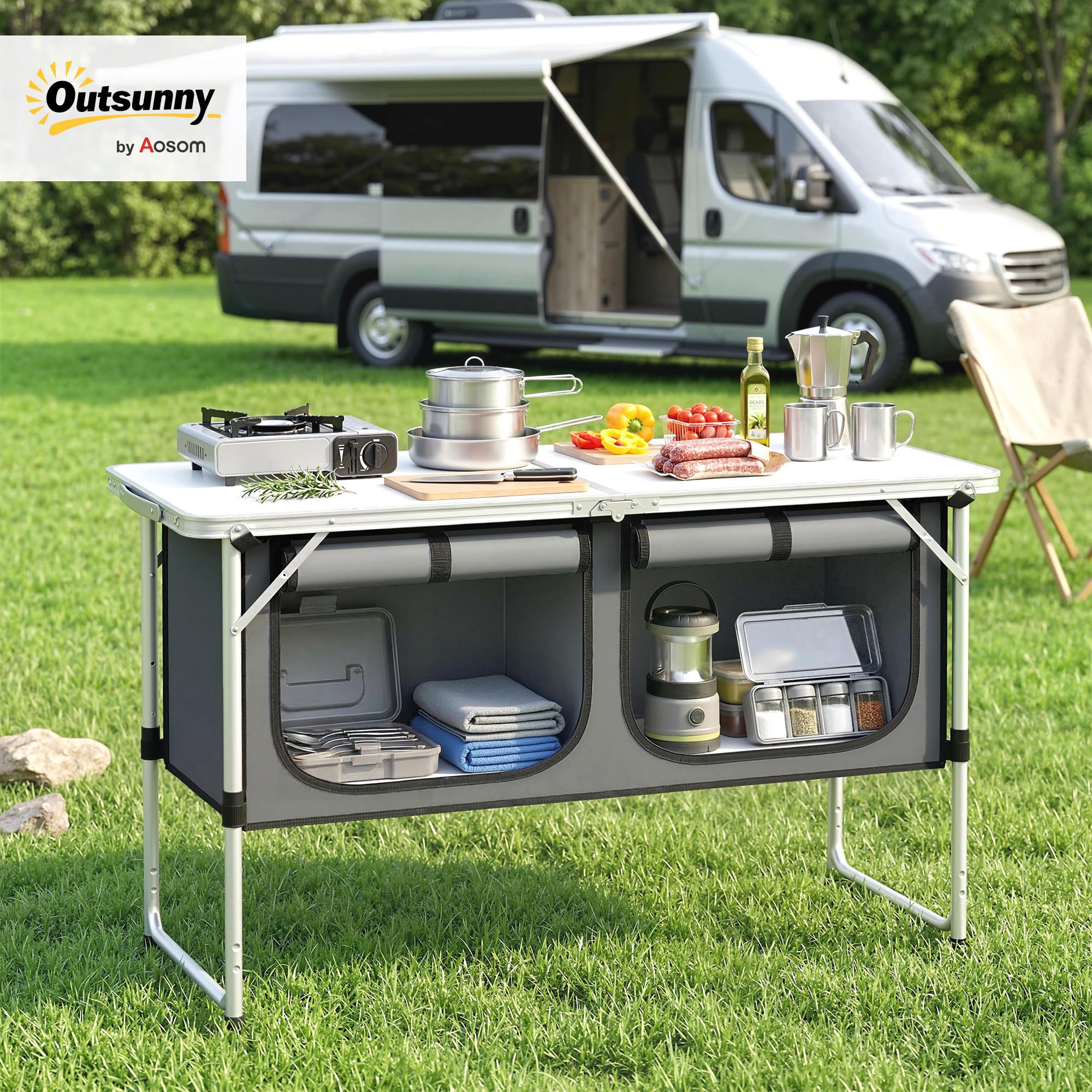 Outsunny Mesa de Cocina de Camping Plegable, Mueble de Cocina de Camping Portátil con Armario de Tela Oxford, Marco de Aluminio, para Picnic, BBQ y Actividades al Aire Libre, 120x47x70 cm, Plateado