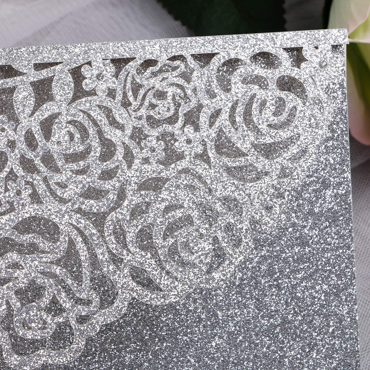 YIMIL 20 Pcs 5.12 x 7.21 inch Tri-fold Laser Cut Wedding Invitation Pocket for Wedding Quinceanera Bridal Shower Baby Shower Party Invite (Silver Glitter)
