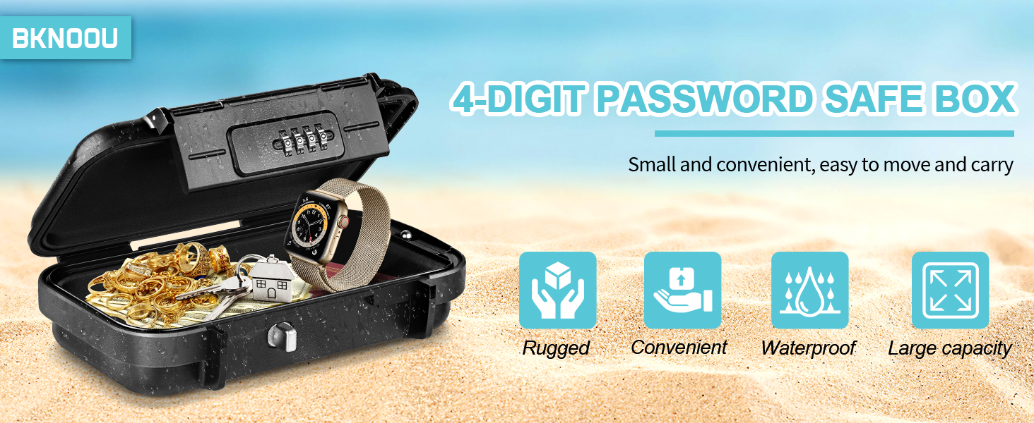 Travel Safe Portable Combination Lock Box – Waterproof Anti-Theft Safe With Removable Steel Cable For Beach, Hotel, Car, Home & Office (Grey)