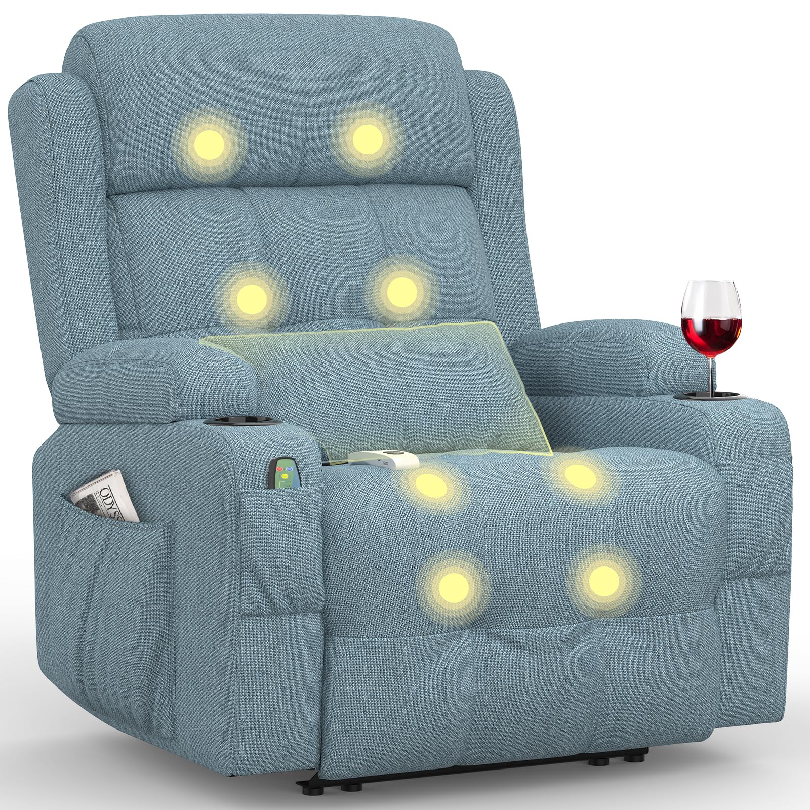 Relaxsessel Fernsehsessel Elektrisch Verstellbar Massagesessel mit Wärmefunktion Liegefunktion,2 Getränkehalter,4 Seitentaschen, TYP C & USB-Anschlüsse, TV Sessel für Fußteil, Wohnzimmer