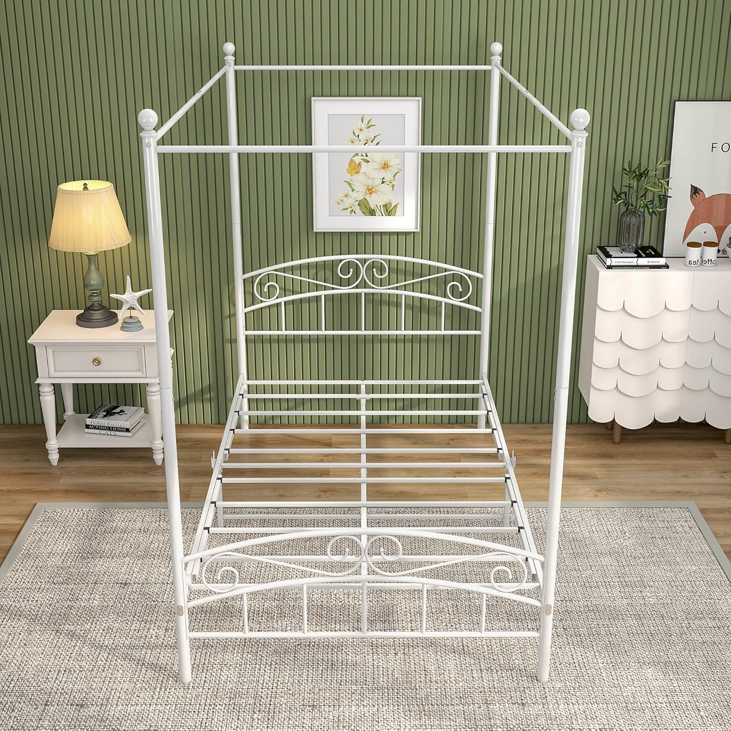JURMERRY Metal Canopy Bed Frame Four-Poster Bed with Headboard & Footboard Mattress Foundation Sturdy Slatted Structure No Box Spring Needed Easy Assembly,Full White