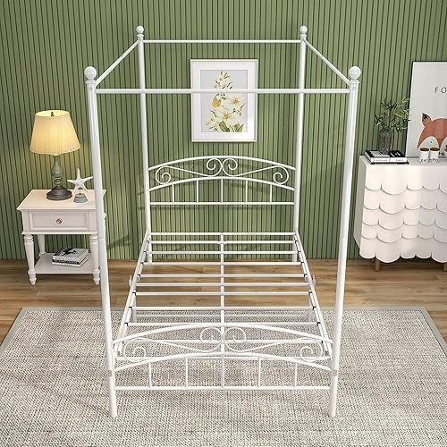 Miniatura 5 de JURMERRY Base de cama con dosel de metal, base de colchón con cabecera y estribo, estructura de listones resistente, no necesita somier, fácil