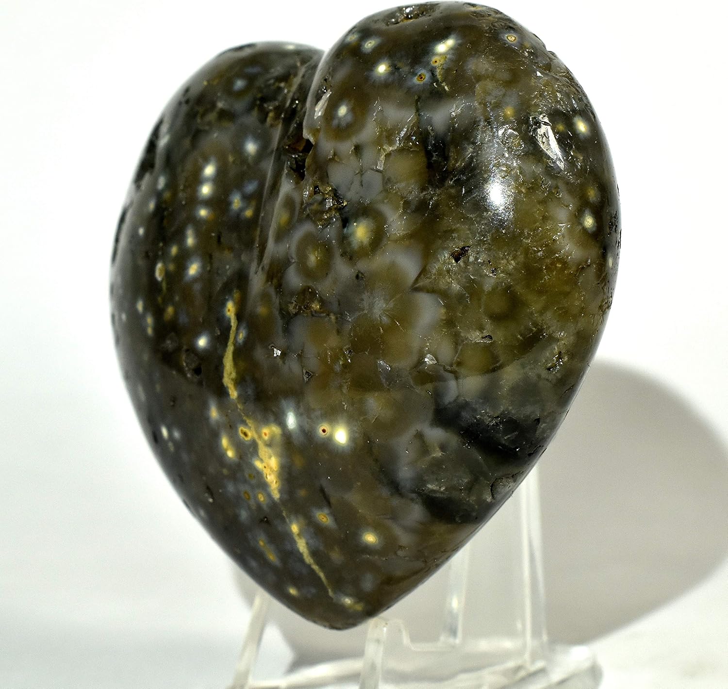 68mm Green Ocean Jasper Puffy Heart Natural Sparkling Druzy Crystal Polished Orbicular Orbs Mineral Love Stone Heart - Madagascar + Acrylic Display Stand