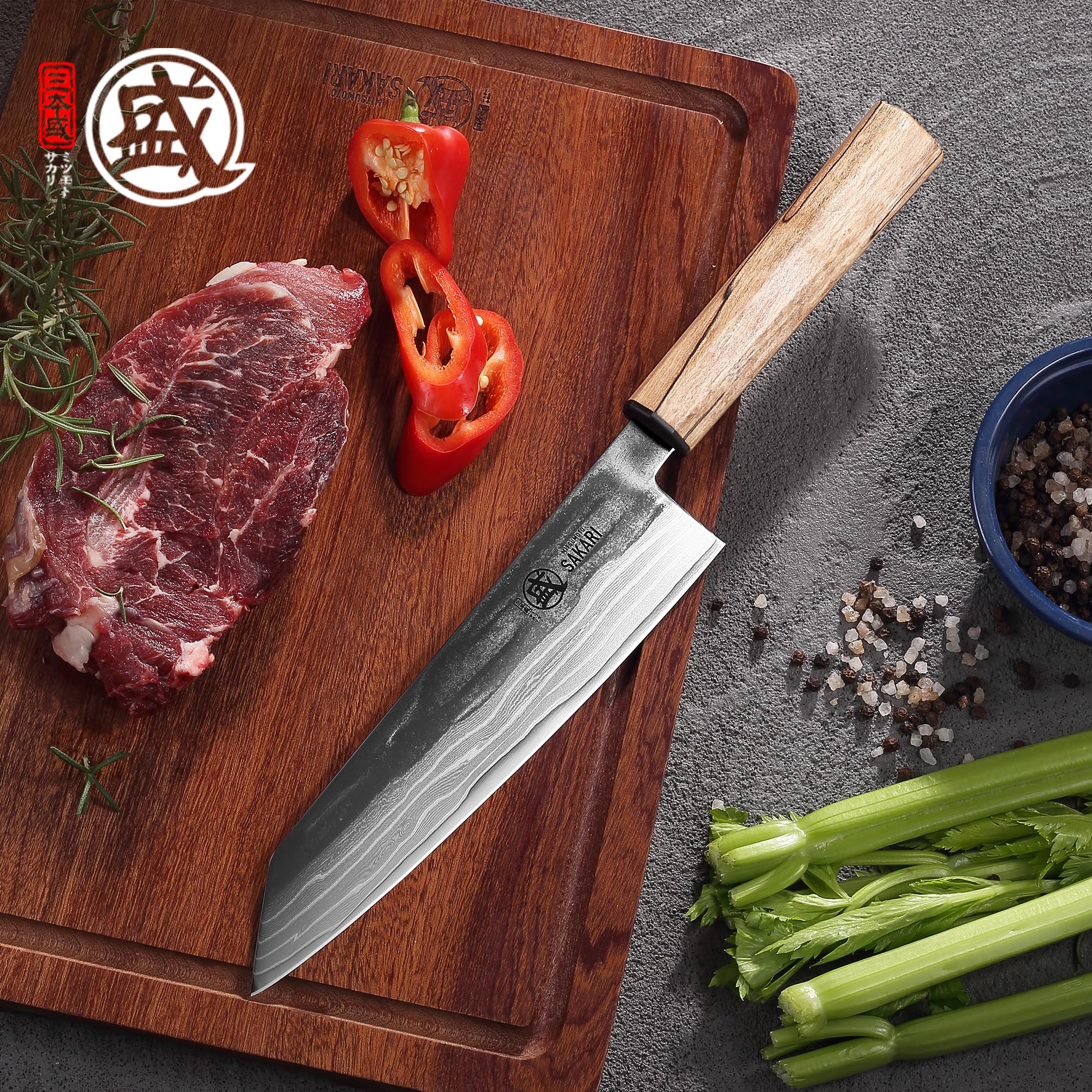 MITSUMOTO SAKARI 20 cm Kiritsuke Coltello da Cucina, 129 Strati di Acciaio in Polvere CPM S35VN Damasco, Coltello da Cucina Giapponese Artigianale, con Impugnatura in Acero