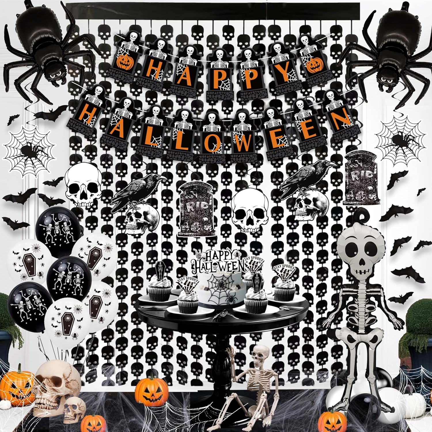 halloween party decorations set - skeleton, spider web & bats themed - with banner, balloons, cake toppers & hanging swirls for spooky festive celebrations
