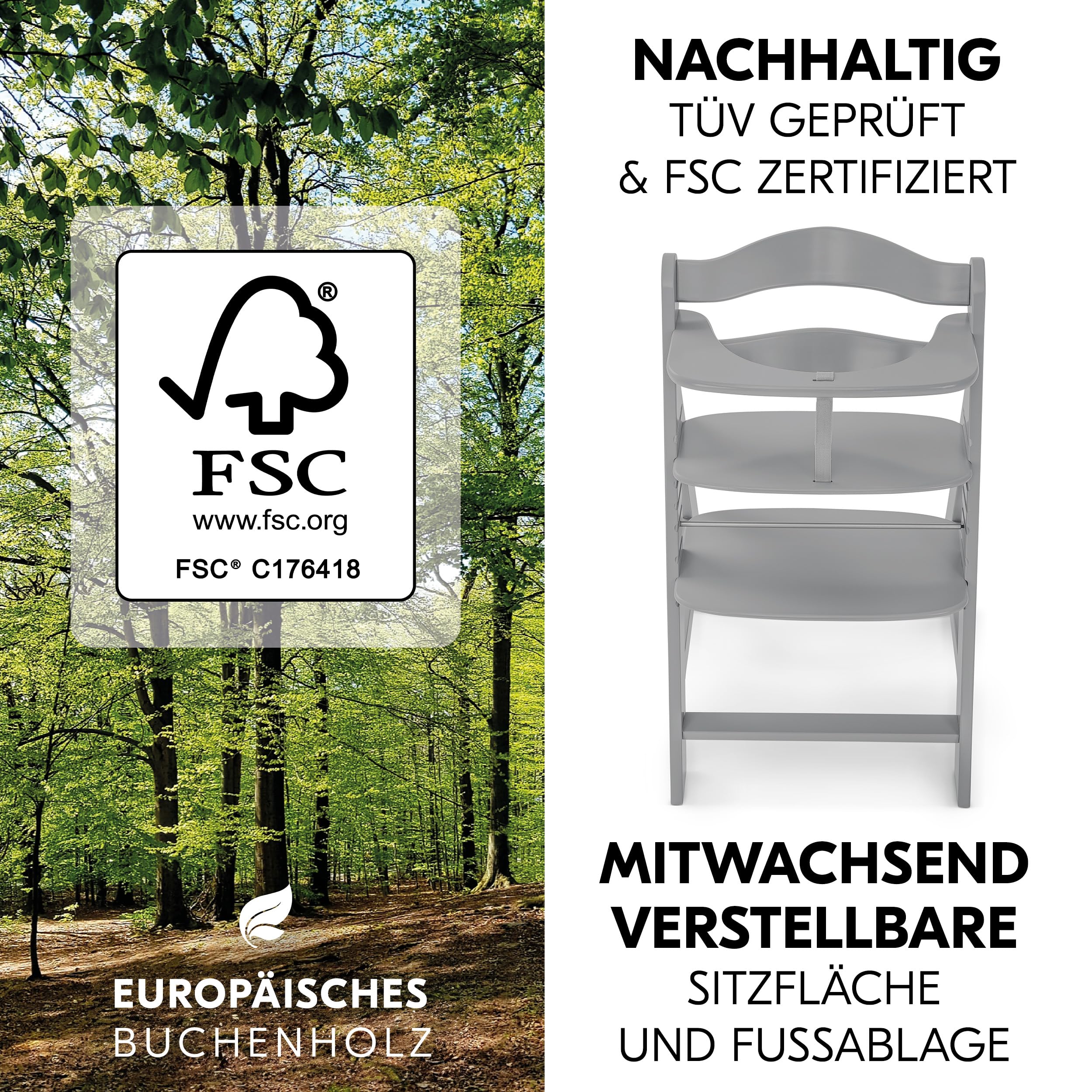 hauck Alpha+ Hochstuhl Newborn Set mit Deluxe Bouncer - Grau | Mitwachsender Holz Kinderhochstuhl ab Geburt bis 90 kg | inkl. Neugeborenenaufsatz & Sitzkissen