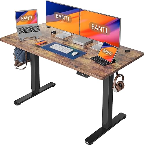 BANTI Escritorio de pie eléctrico de altura ajustable de 55 pulgadas, escritorio ergonómico para oficina en casa, parte superior marrón rústica
