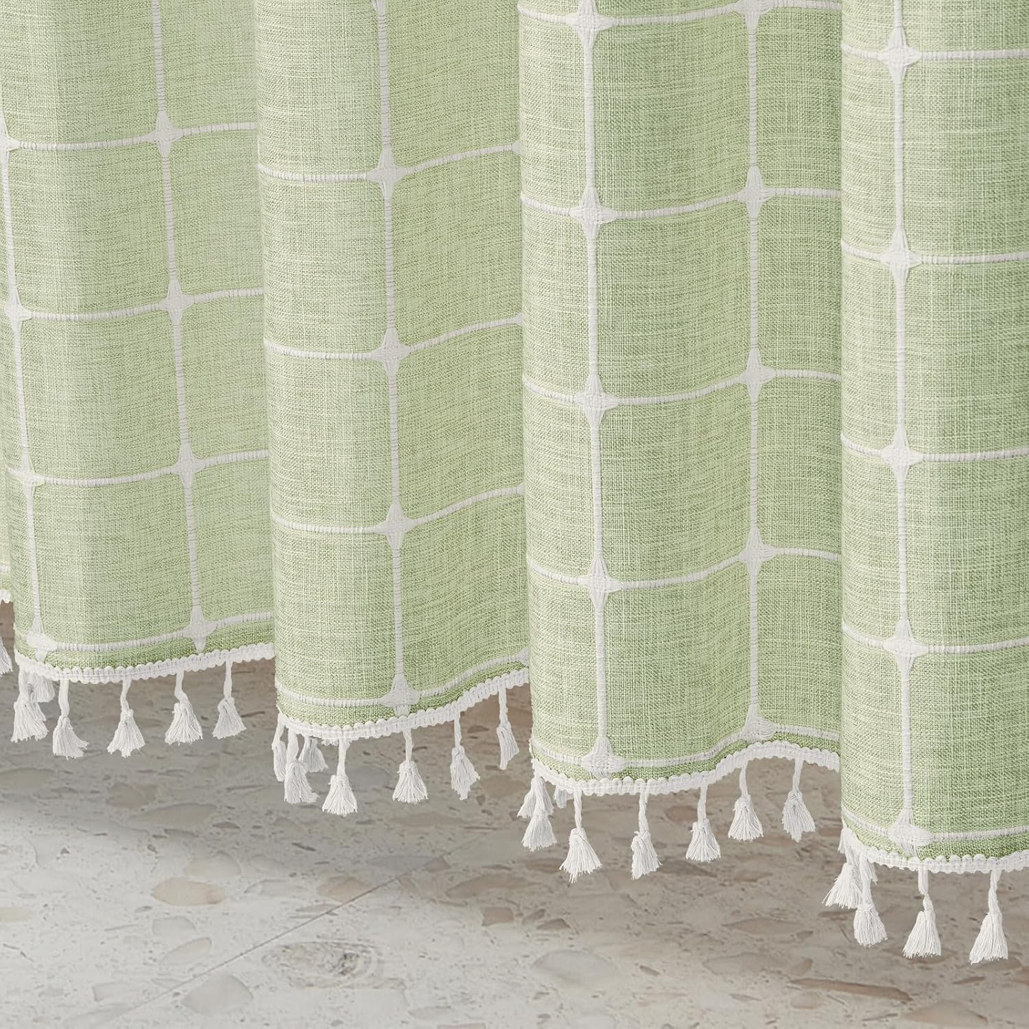 MitoVilla No Hooks Needed Boho Farmhouse Shower Curtain with Snap-in Liner, Cotton Linen Fabric Shower Curtains with Tassels for Rustic Neutral Bathroom Decor, Sage Green, 72 x 74