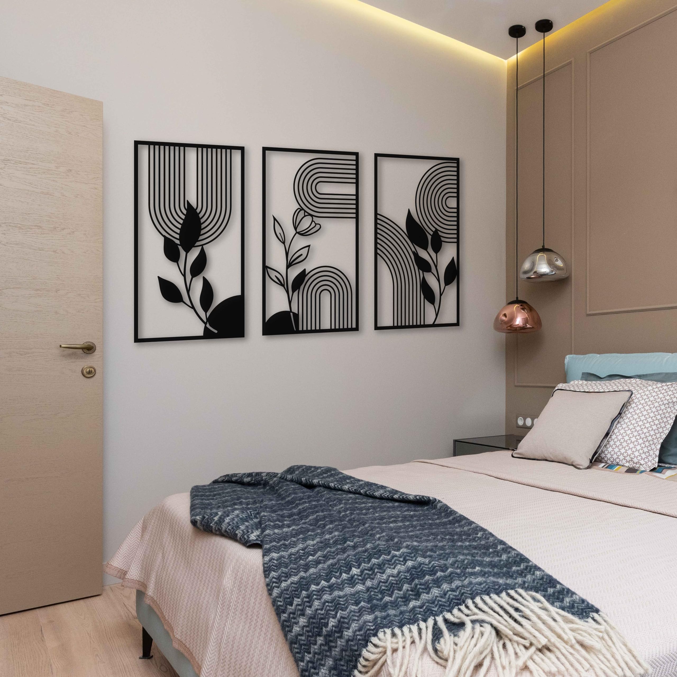 KAWA METALWORKS Moderne Metall-Wandkunst, florale Mitte des Jahrhunderts, moderne Wanddekoration über dem Bett, Blättern und Blumen, Boho-Wandkunst, ästhetisches Geschenk für Zuhause