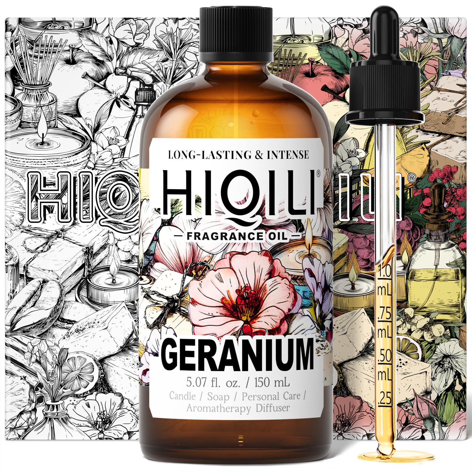 HIQILI Geranium Fragrance Oil for Home Diffuser, Relaxation, Essential Oil for Candle & Soap Making, Long-Lasting Scents, Car Freshies - 5.07 Fl Oz