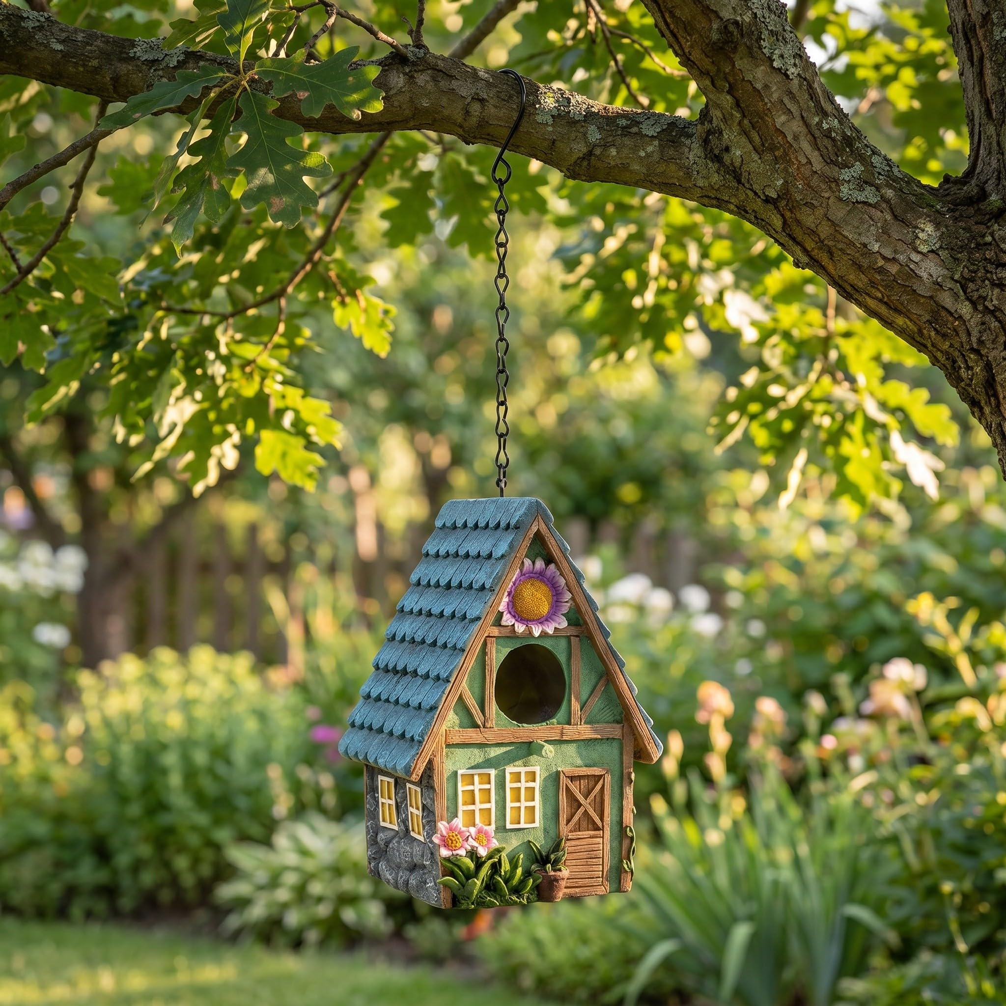 Veemoon 2 Casitas para pájaros de jardín, Casitas Colgantes para Exteriores, de Resina con Cadena para Colgar en el Patio, jardín, árbol o para Decorar el Paisaje.