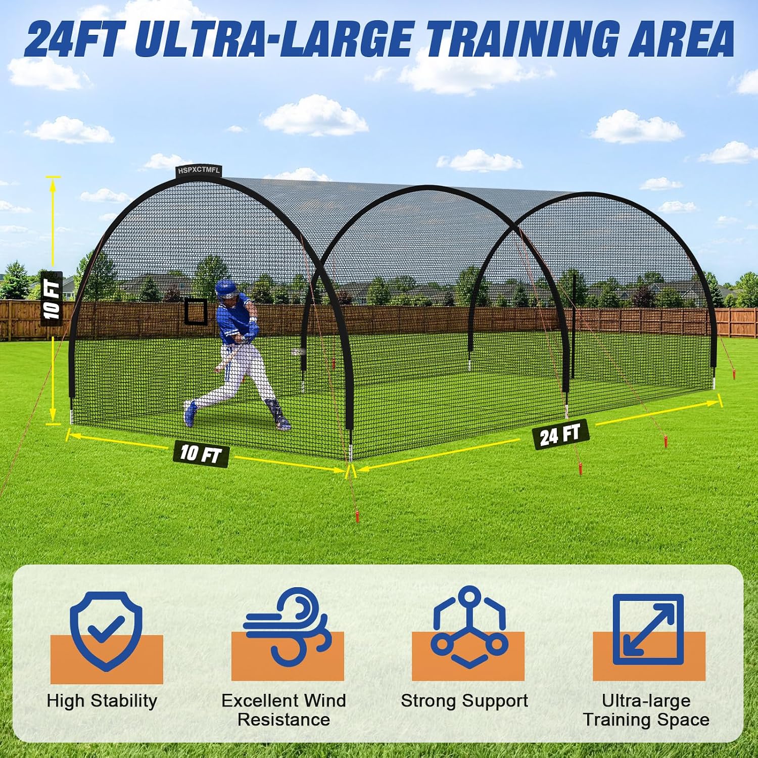 Baseball & Softball Practice Batting Cage,24x10x10ft Batting Net | Portable Batting Net for Backyard,Outdoor Heavy Duty 4-Ply Polyester Net,Fiberglass Frame Batting Cage with Zipper Door