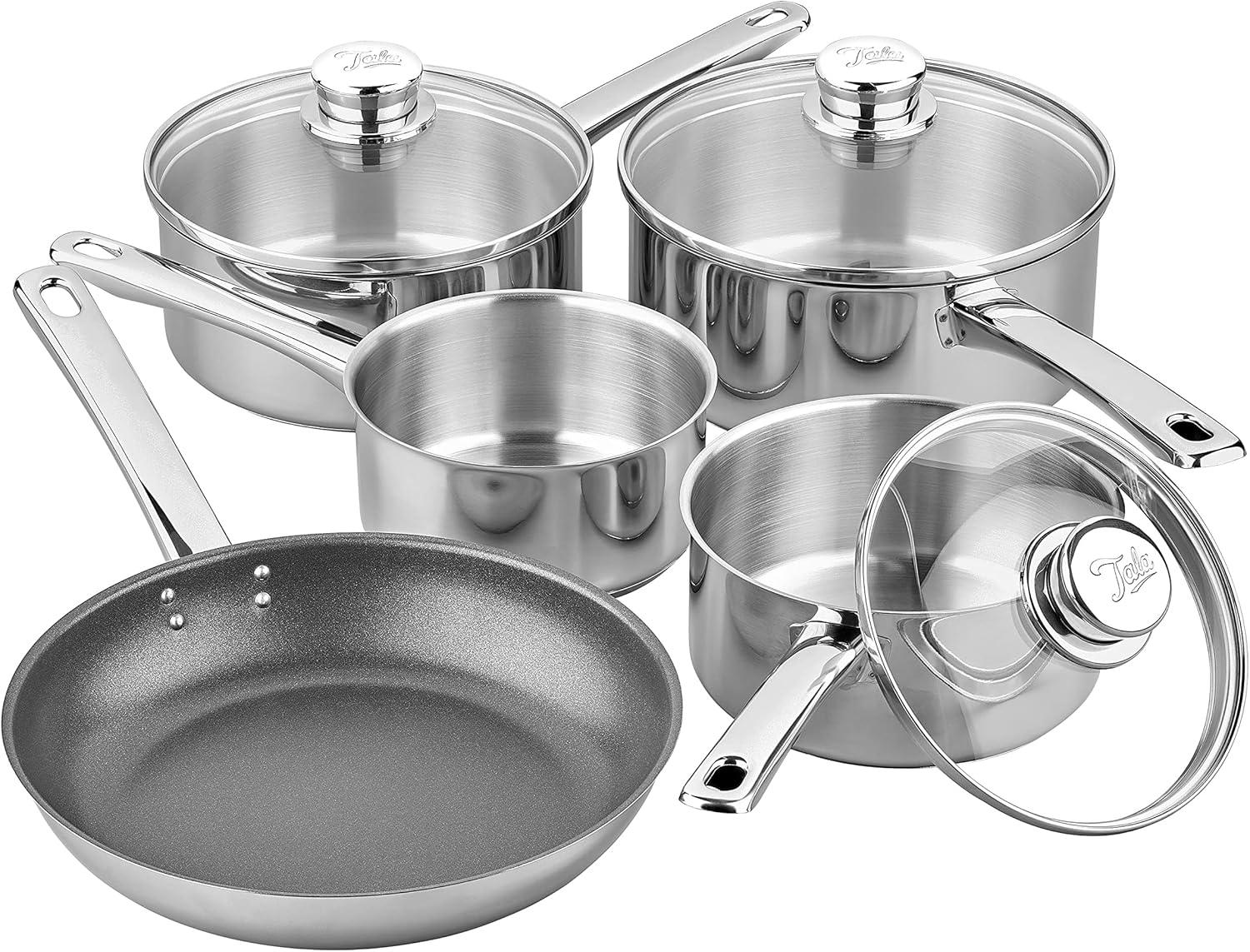 Tala Performance 5 Pc Stainless Steel Cookware Set containing Saucepans Glass lids, 16, 18 and 20cm. 14cm Milk pan, 24cm Non-Stick Fry Pan, 5 Pc Set, Polished Mirror Shine Finish