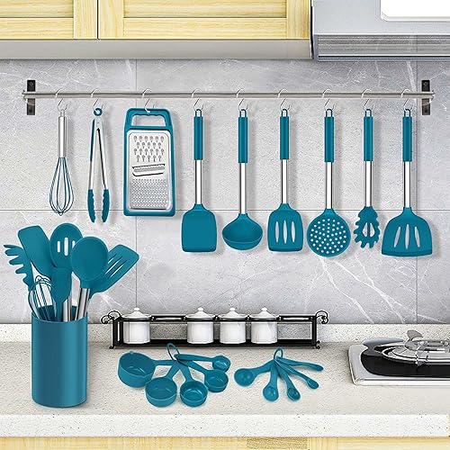 Miniatura 4 de LIANYU Juego de 27 utensilios de cocina con soporte, espátula de silicona con mango de acero inoxidable, herramientas de cocina para utensilios de