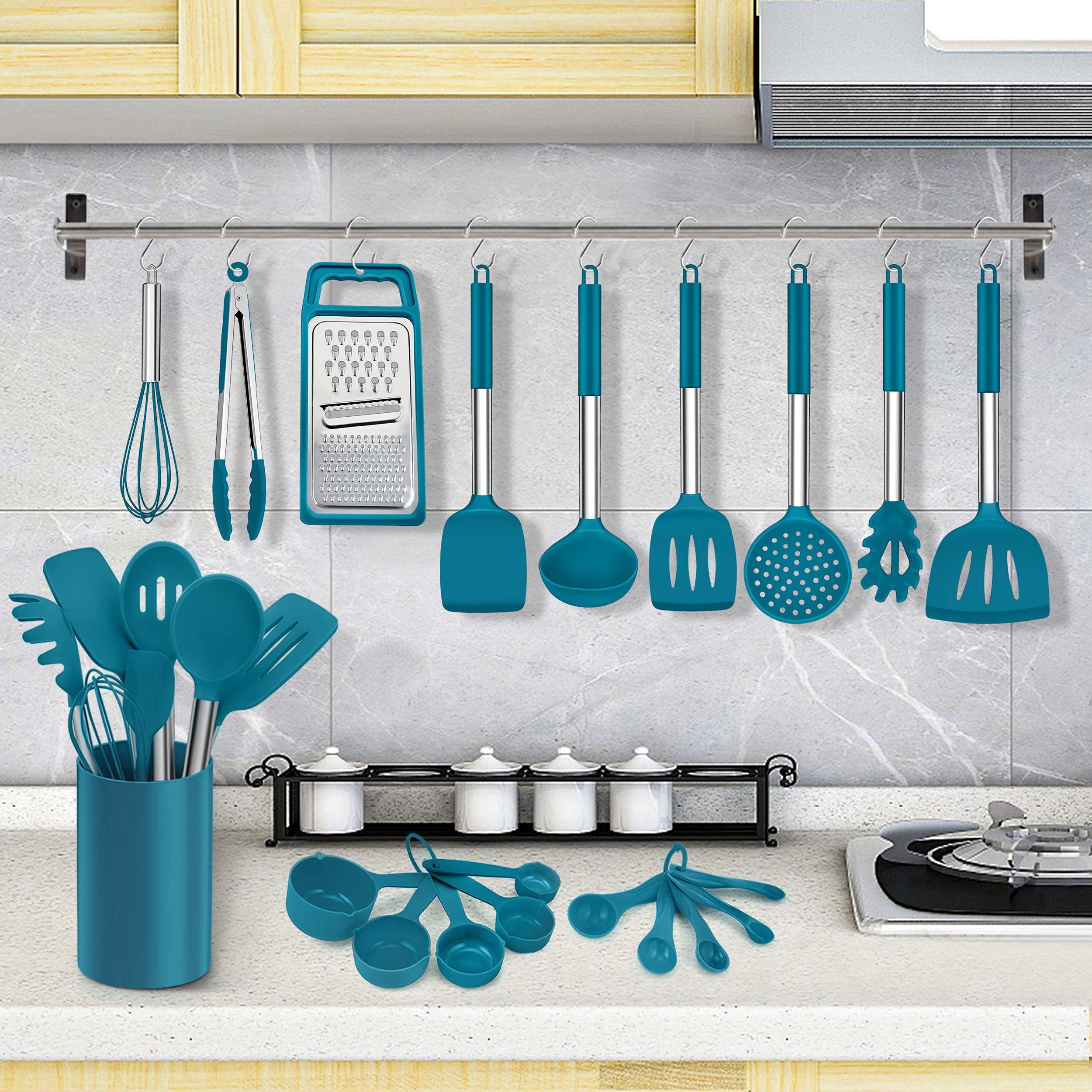 LIANYU 27-teiliges Küchenutensilien-Set mit Halter, Silikon-Kochutensilien-Set mit Edelstahlgriff, Küchenhelfer für Antihaft-Kochgeschirr-Set, hitzebeständig, blau