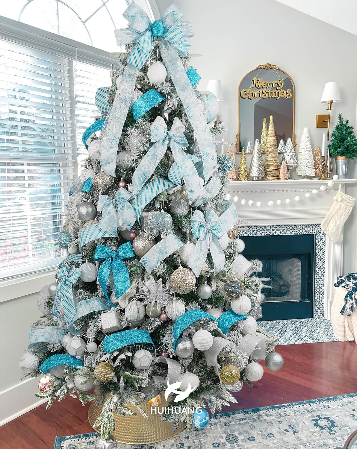 HUIHUANG Blue and Silver Christmas Tree Ribbon Blue Wired Ribbon for Christmas Tree Decorations, Wreaths, Garlands, Bows, Home Decor, Gift Wrapping (2-1/2" x 6 Rolls, 36 Yds Total)