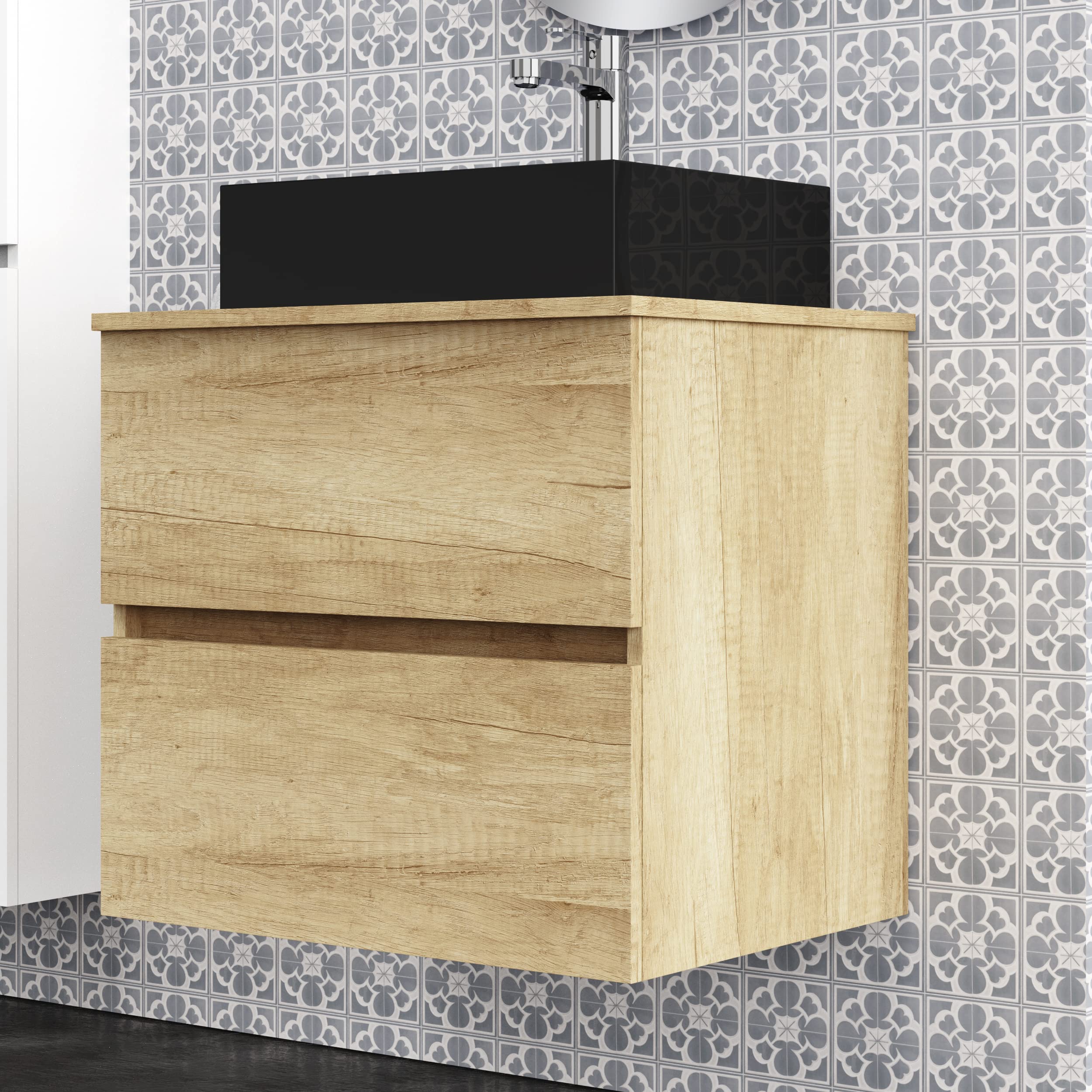 Meuble De Salle De Bain Baikal - Suspendu Avec Vasque Céramique Et 2 Tiroirs - Finition Nature - 60x55x46 Cm - Livré Assemblé