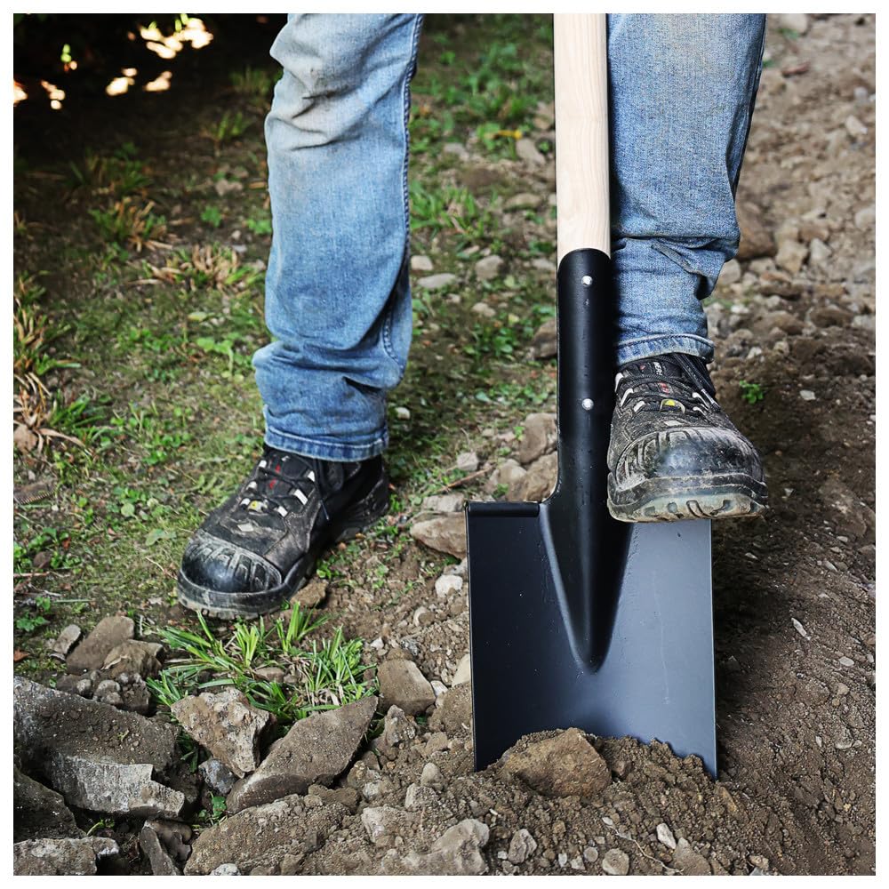 Dönges Gartenspaten mit T Stiel 113,5 cm lang, flachem Spatenblatt und Stiel aus Eschenholz für harte und steinige Böden | DIN 20127