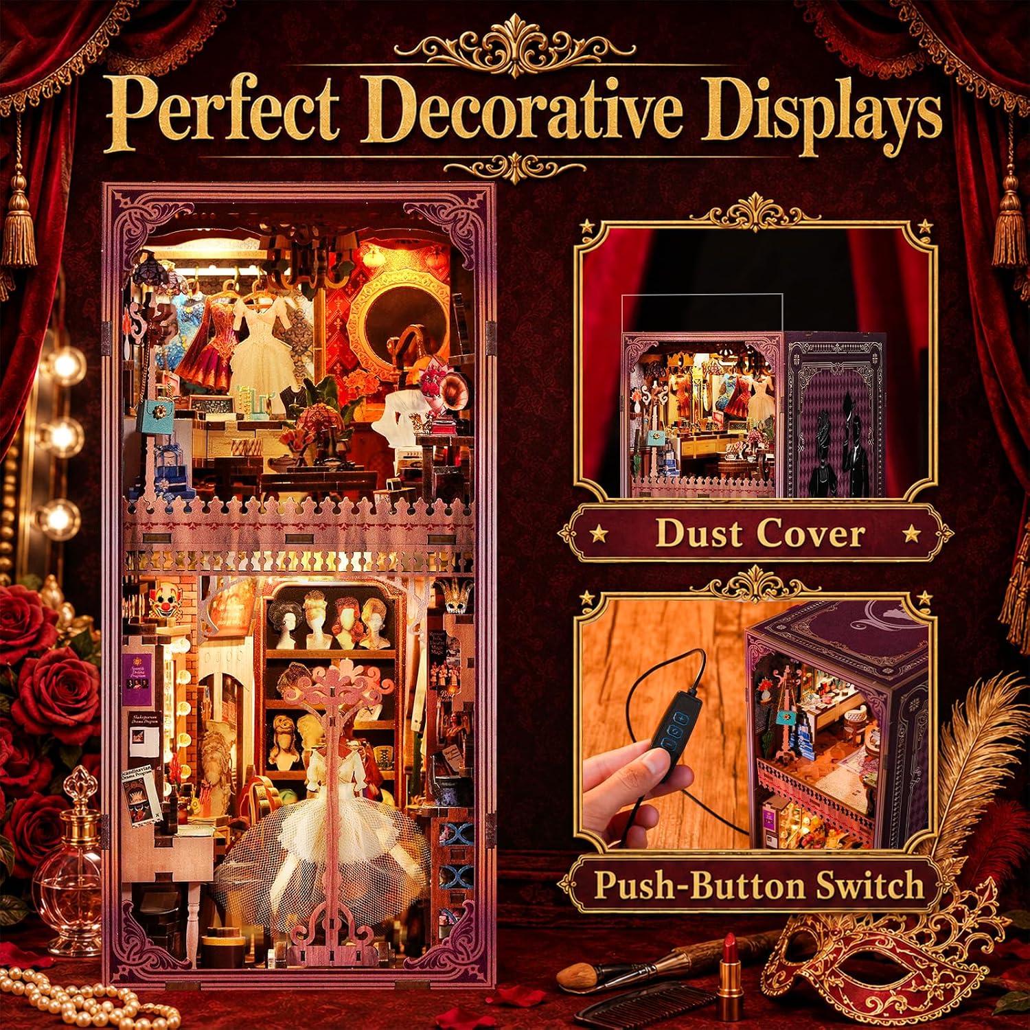fifijoy Theatre Dressing Room DIY Book Nook Kit - DIY Miniature Dollhouse Book Nook Kit, Classic Theater 3D Wooden Puzzle Model Bookshelf Insert Decor, Gift for Craft Lovers (with Yellow Light) image 5