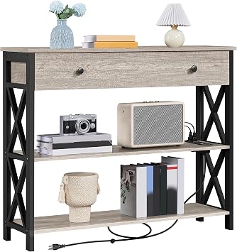 Yaheetech Console Table with Power Outlets and USB Ports, 39.5", Rustic Brown