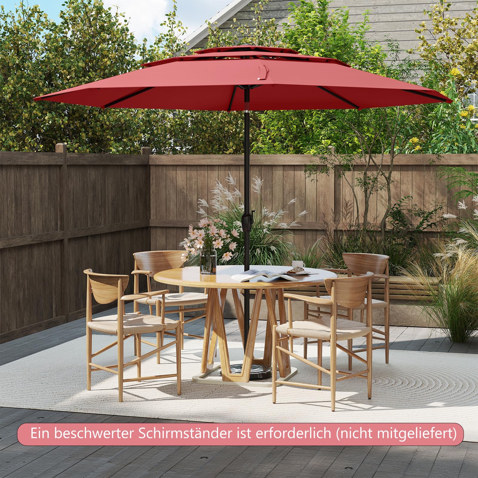 COSTWAY Sonnenschirm windfest stabil, 300 cm Gartenschirm mit Kurbel, beidseitig um 30° knickbar, UV-Schutz, Terrassenschirm belüftet, Marktschirm für Terrasse, Garten, Balkon (Weinrot)